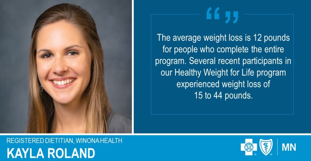 The average weight loss is 12 pounds for people who complete the entire program. Several recent participants in our Healthy Weight for Life program experienced weight loss of 15 to 44 pounds.